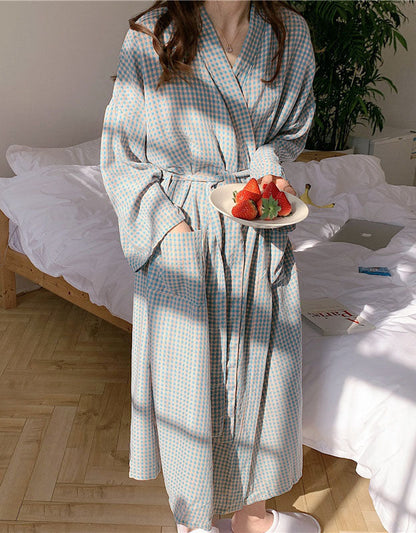 Spring Plaid Long Sleeve Nightdress Bathrobe