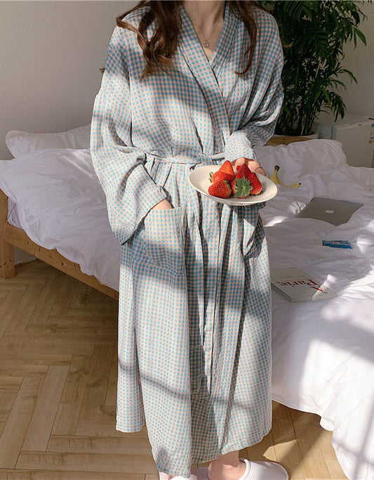 Spring Plaid Long Sleeve Nightdress Bathrobe