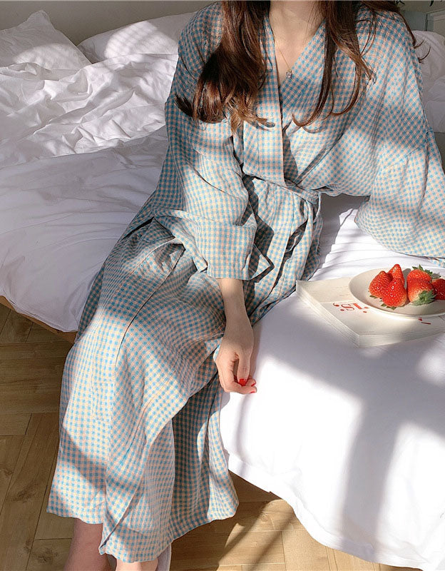 Spring Plaid Long Sleeve Nightdress Bathrobe