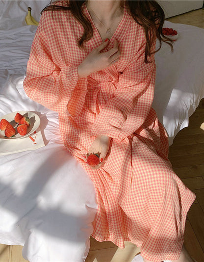 Spring Plaid Long Sleeve Nightdress Bathrobe