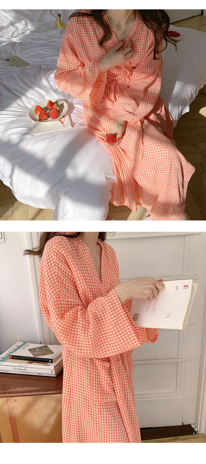 Spring Plaid Long Sleeve Nightdress Bathrobe