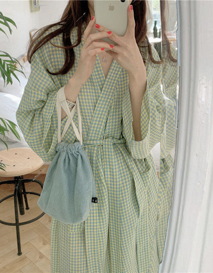 Spring Plaid Long Sleeve Nightdress Bathrobe