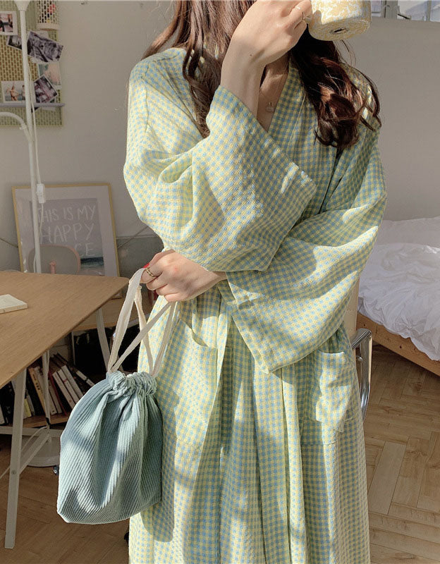 Spring Plaid Long Sleeve Nightdress Bathrobe