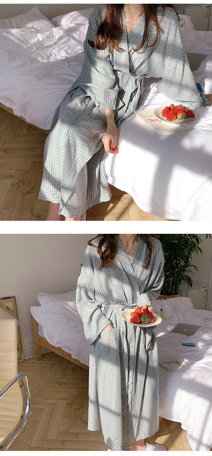 Spring Plaid Long Sleeve Nightdress Bathrobe