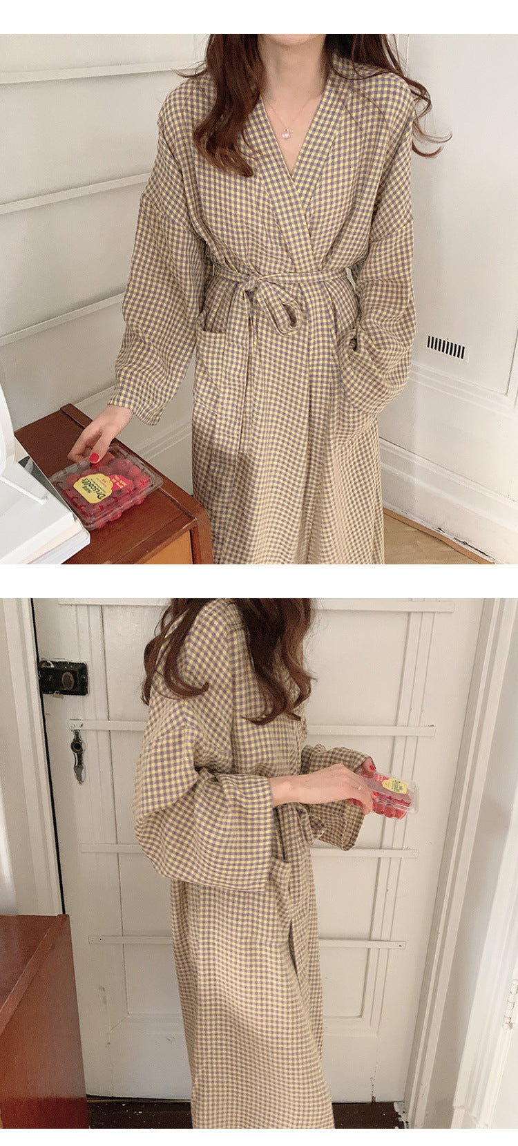 Spring Plaid Long Sleeve Nightdress Bathrobe