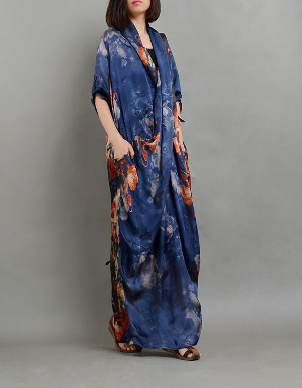 Vintage Printed Silk Cross Body V-Neck Maxi Dress