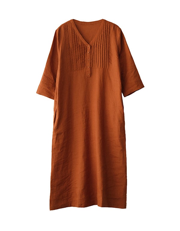 Women's Mid-sleeve Pullover V-neck Linen Dress