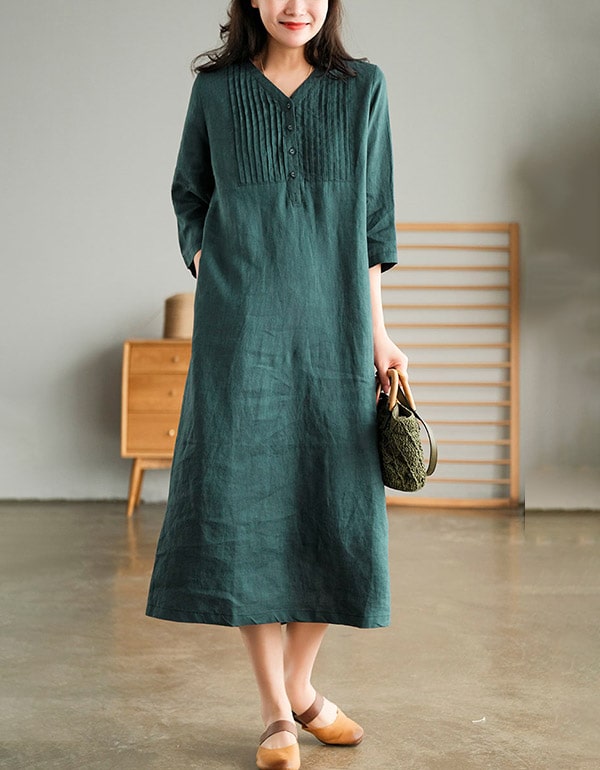 Women's Mid-sleeve Pullover V-neck Linen Dress