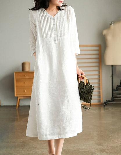 Women's Mid-sleeve Pullover V-neck Linen Dress