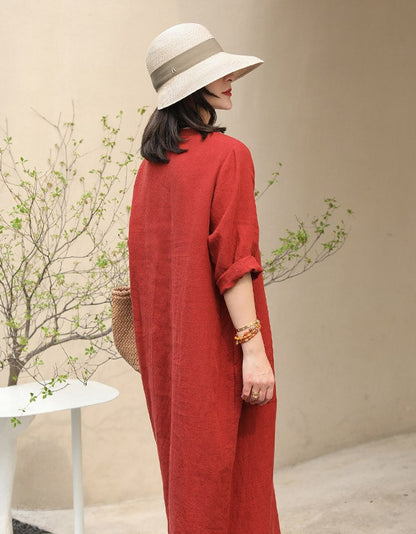 Womens V-neck Loose Linen Dress Red
