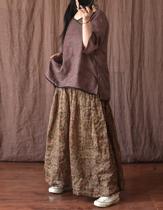 Original Design Flower Printed Loose Linen Skirt