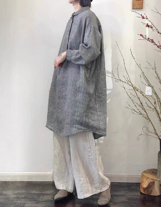 Spring Linen Mid-length Long-sleeved Shirt Dress