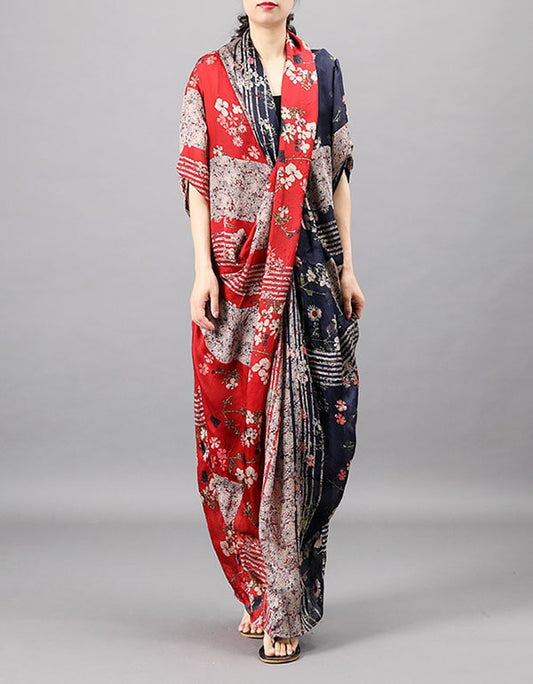 Simulated Silk Print Stitching Dress Chest Cross Two-Piece